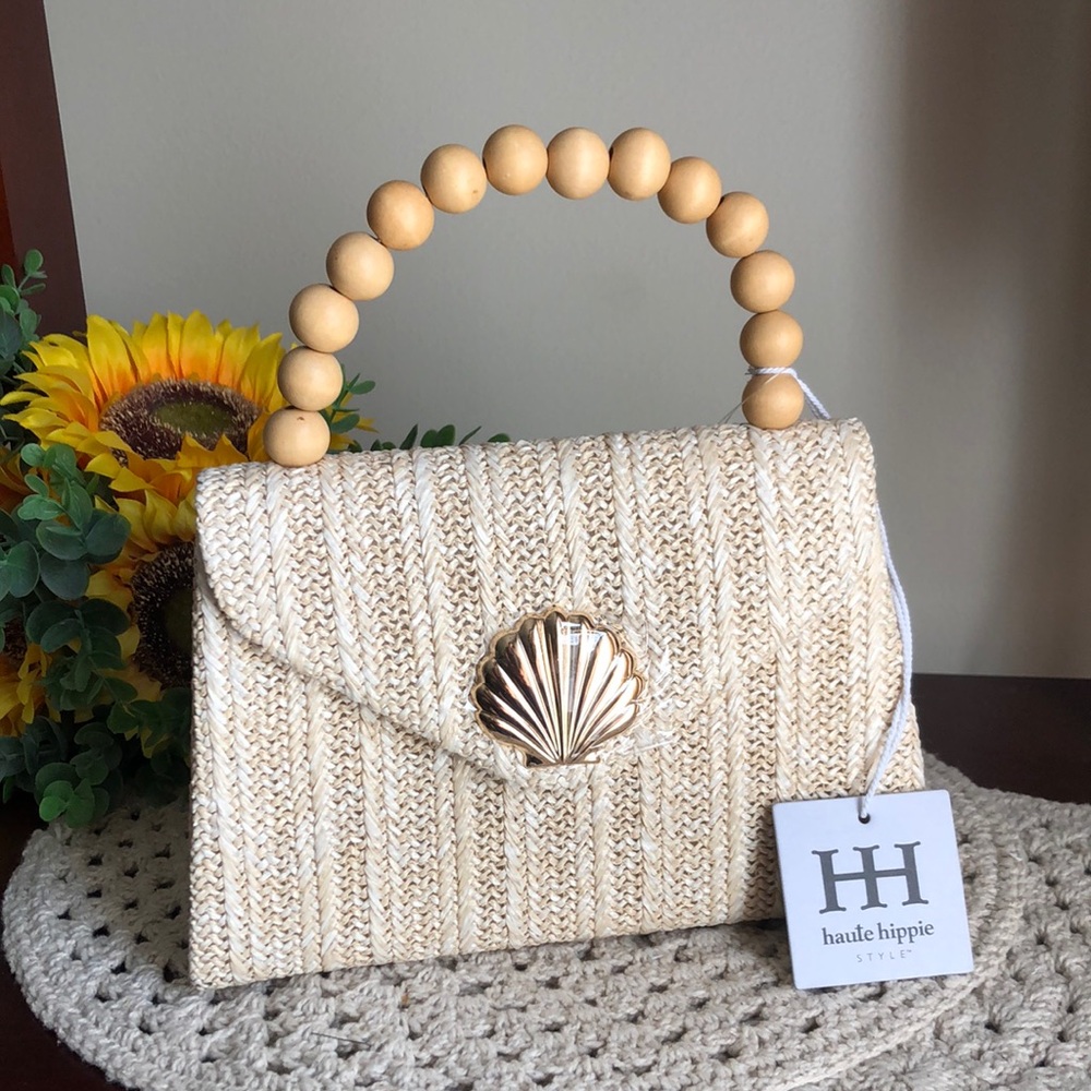 Haute Hippie Cream Woven Straw Top-Handle Bag with Shell Clasp